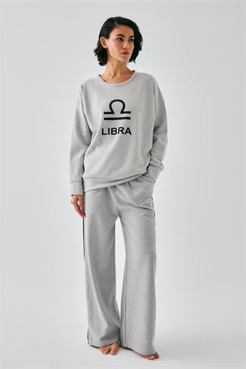 Akbeniz Kadın Gri Terazi Burcu Oversize 2 İplik Eşofman Ev Giyim Takımı