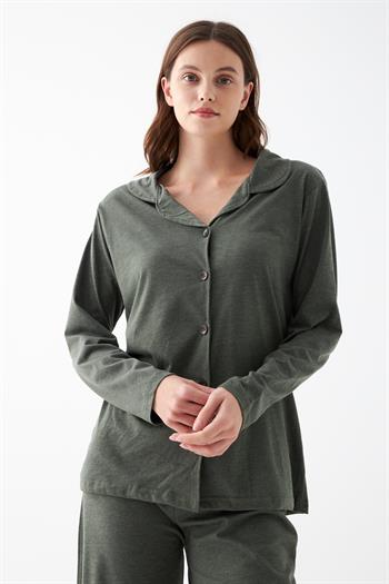 Akbeniz Kadın Haki Düğmeli Pamuklu Pijama Takımı