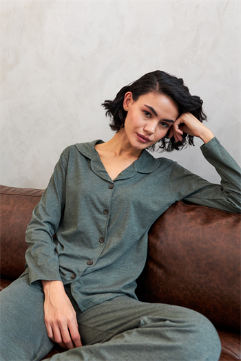 Akbeniz Kadın Haki Düğmeli Pamuklu Pijama Takımı