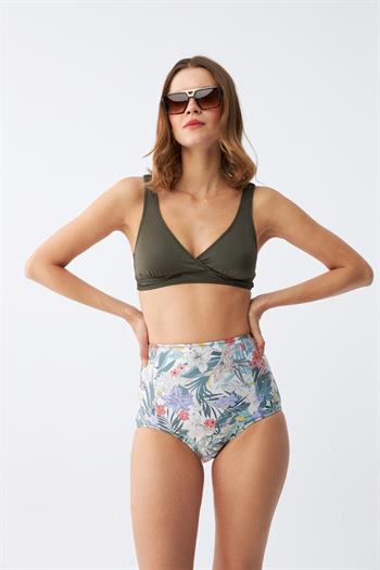 Akbeniz Kadın Haki Pedli Üst ve Yüksek Bel Çiçek Desenli Bikini Takımı