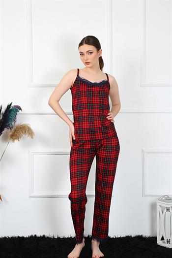 Akbeniz Kadın İp Askılı Kırmızı Ekoseli Pijama Takım 4135