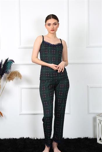 Akbeniz Kadın İp Askılı Yeşil Ekoseli Pijama Takım 4135