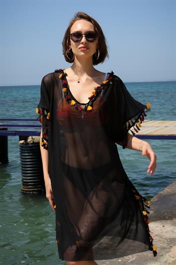 Akbeniz Kadın İşlemeli Tunik Pareo Plaj Elbisesi Siyah 38045