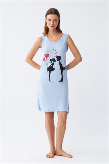 Akbeniz Kadın Kalın Askılı Penye Diz Üstü Mavi Gecelik 11310