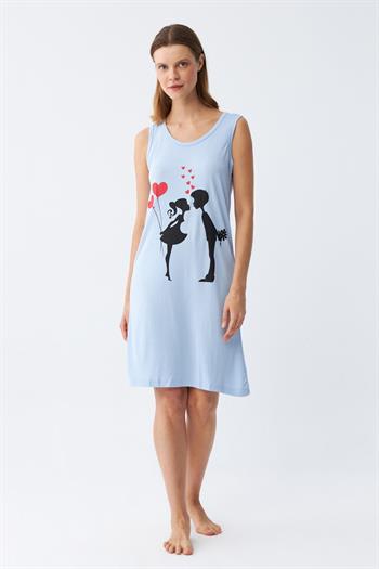 Akbeniz Kadın Kalın Askılı Penye Diz Üstü Mavi Gecelik 11310