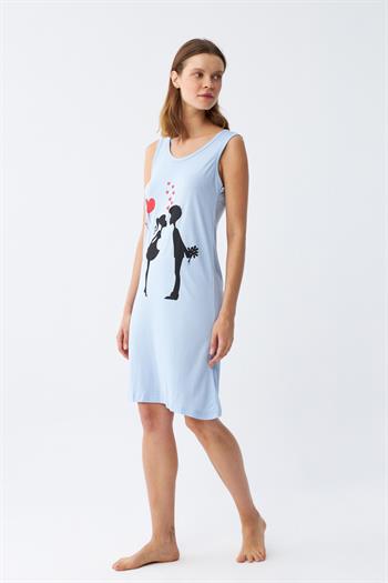 Akbeniz Kadın Kalın Askılı Penye Diz Üstü Mavi Gecelik 11310