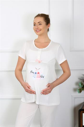Akbeniz Kadın Kısa Kol Hamile Lohusa Pijama Takımı Ekru 45210