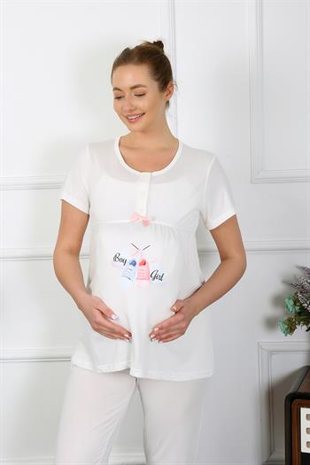 Akbeniz Kadın Kısa Kol Hamile Lohusa Pijama Takımı Ekru 45210