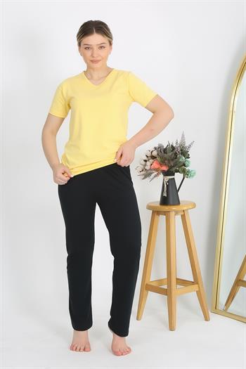 Akbeniz Kadın Kısa Kol Pamuk Penye Pijama Takım Sarı 4215