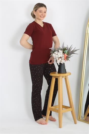 Akbeniz Kadın Kısa Kol Pamuk Penye Pijama Takım Bordo 4214