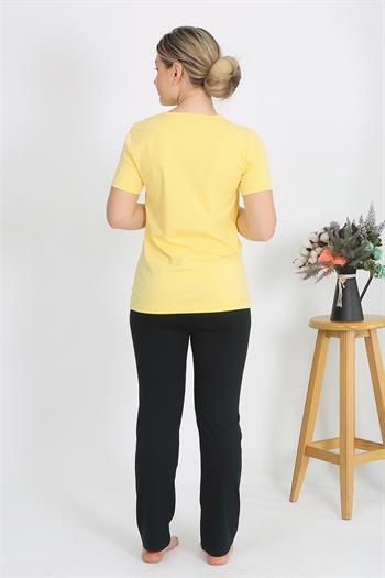 Akbeniz Kadın Kısa Kol Pamuk Penye Pijama Takım Sarı 4215