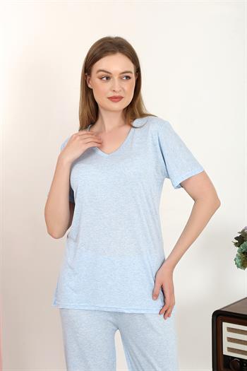 Akbeniz Kadın Kısa Kol Pamuk Penye Pijama Takım Mavi 4213