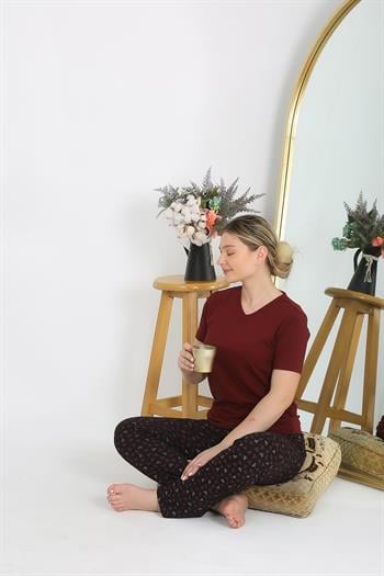 Akbeniz Kadın Kısa Kol Pamuk Penye Pijama Takım Bordo 4214
