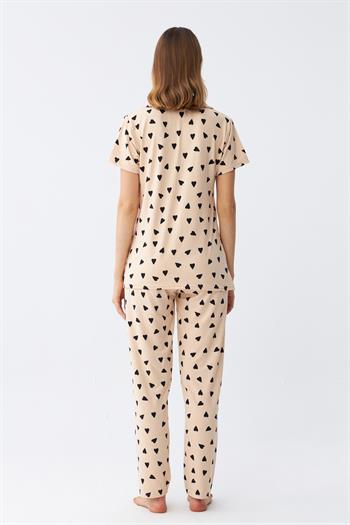 Akbeniz Kadın Krem Rengi Kalp Desenli Önden Düğmeli Pijama Takımı
