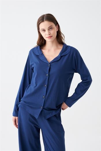 Akbeniz Kadın Lacivert Düğmeli Yaka Detaylı Pamuklu Pijama Takımı