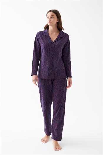 Akbeniz Kadın Lacivert Düğmeli Yaka Detaylı Desenli Pamuklu Pijama Takımı