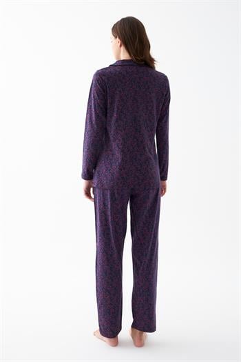 Akbeniz Kadın Lacivert Düğmeli Yaka Detaylı Desenli Pamuklu Pijama Takımı