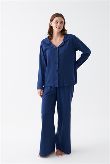 Akbeniz Kadın Lacivert Düğmeli Yaka Detaylı Pamuklu Pijama Takımı
