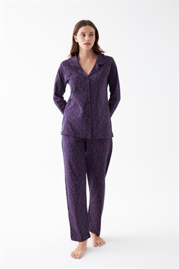 Akbeniz Kadın Lacivert Düğmeli Yaka Detaylı Desenli Pamuklu Pijama Takımı