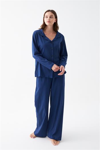 Akbeniz Kadın Lacivert Düğmeli Yaka Detaylı Pamuklu Pijama Takımı