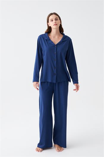Akbeniz Kadın Lacivert Düğmeli Yaka Detaylı Pamuklu Pijama Takımı