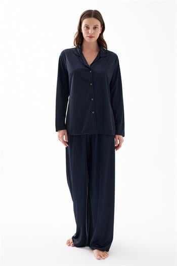 Akbeniz Kadın Lacivert Oversize Saten Pijama Takımı