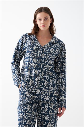 Akbeniz Kadın Lacivert “Paris” Yazı Desenli Düğmeli Pamuklu Pijama Takımı