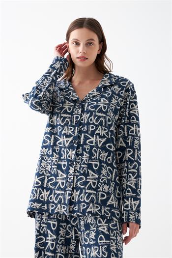 Akbeniz Kadın Lacivert “Paris” Yazı Desenli Düğmeli Pamuklu Pijama Takımı