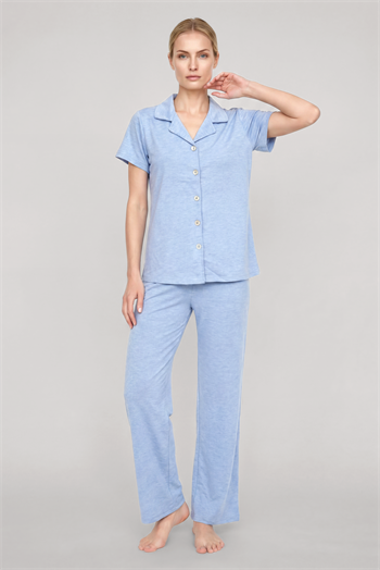 Akbeniz Kadın Mavi Klasik Gömlek Yaka Pijama Takımı