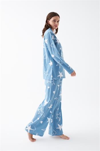 Akbeniz Kadın Mavi Yıldız Desenli Düğmeli Pamuklu Pijama Takımı