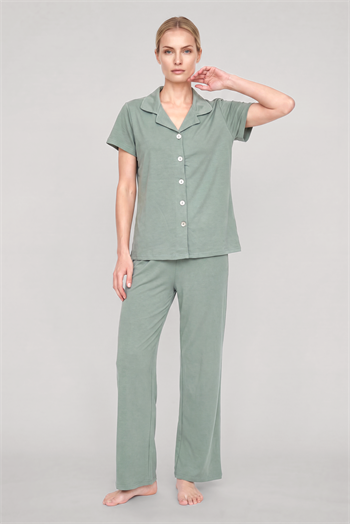 Akbeniz Kadın Mint Yeşili Klasik Gömlek Yaka Pijama Takımı