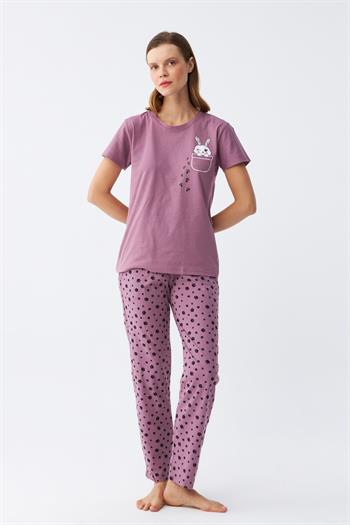 Akbeniz Kadın Mor Patili Tavşan Baskılı Cepli Pijama Takımı