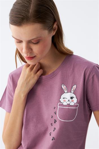 Akbeniz Kadın Mor Patili Tavşan Baskılı Cepli Pijama Takımı