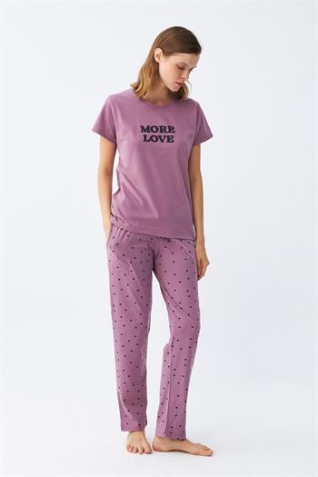 Akbeniz Kadın Mor Yıldız Desenli Penye Kısa Kol Pijama Takımı