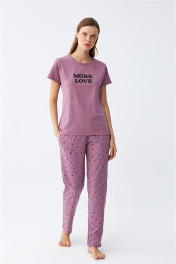 Akbeniz Kadın Mor Yıldız Desenli Penye Kısa Kol Pijama Takımı