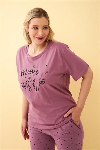 Akbeniz Kadın Mürdüm “Make a Wish” Yazılı Büyük Beden Kapri Pijama Takımı