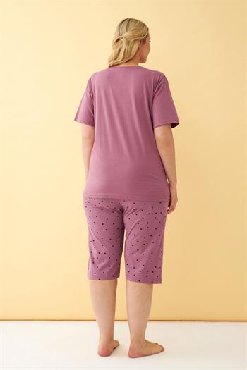 Akbeniz Kadın Mürdüm “Make a Wish” Yazılı Büyük Beden Kapri Pijama Takımı