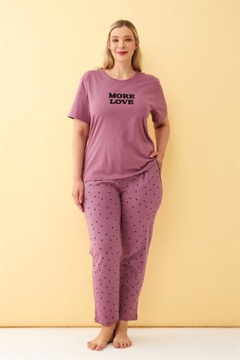 Akbeniz Kadın Mürdüm More Love Yazılı Büyük Beden Pijama Takımı