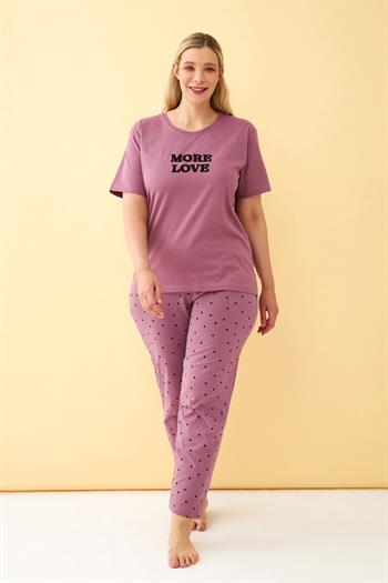 Akbeniz Kadın Mürdüm More Love Yazılı Büyük Beden Pijama Takımı