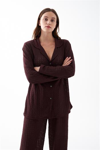 Akbeniz Kadın Mürdüm Önden Düğmeli Rahat Kesim Pijama Takımı