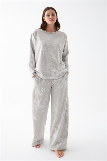 Akbeniz Kadın Oversize Gri Çiçek Desenli Pamuklu Kalın Pijama Takımı