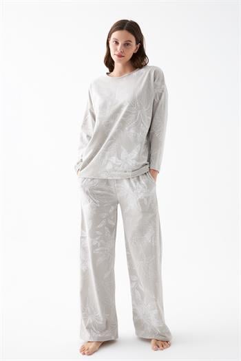 Akbeniz Kadın Oversize Gri Çiçek Desenli Pamuklu Kalın Pijama Takımı