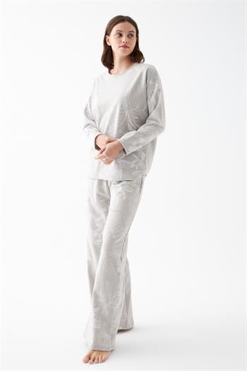 Akbeniz Kadın Oversize Gri Çiçek Desenli Pamuklu Kalın Pijama Takımı