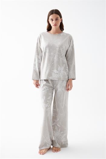 Akbeniz Kadın Oversize Gri Çiçek Desenli Pamuklu Kalın Pijama Takımı