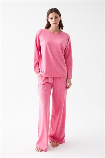 Akbeniz Kadın Oversize Pembe Puantiyeli Pamuklu Kalın Pijama Takımı