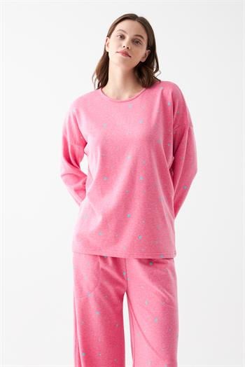 Akbeniz Kadın Oversize Pembe Puantiyeli Pamuklu Kalın Pijama Takımı