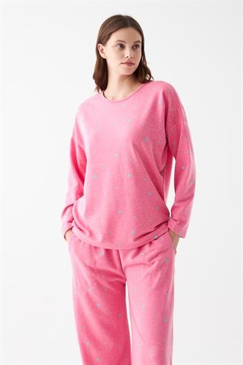 Akbeniz Kadın Oversize Pembe Puantiyeli Pamuklu Kalın Pijama Takımı