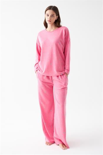 Akbeniz Kadın Oversize Pembe Puantiyeli Pamuklu Kalın Pijama Takımı