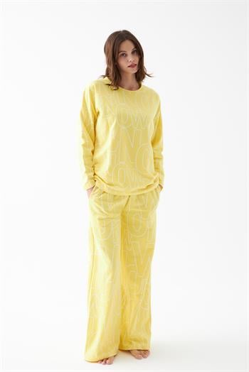 Akbeniz Kadın Oversize Sarı Desenli Pamuklu Kalın Pijama Takımı