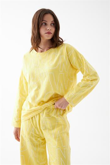 Akbeniz Kadın Oversize Sarı Desenli Pamuklu Kalın Pijama Takımı
